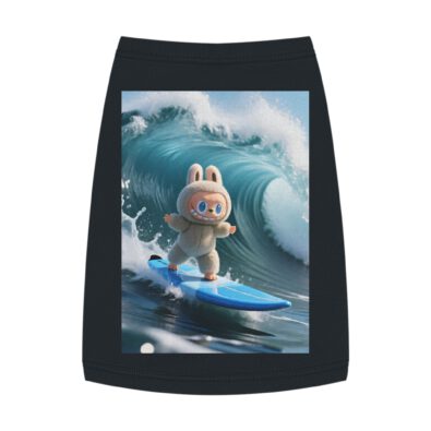 A playful dog wearing a surfing bunny tank top with a colorful surfboard design