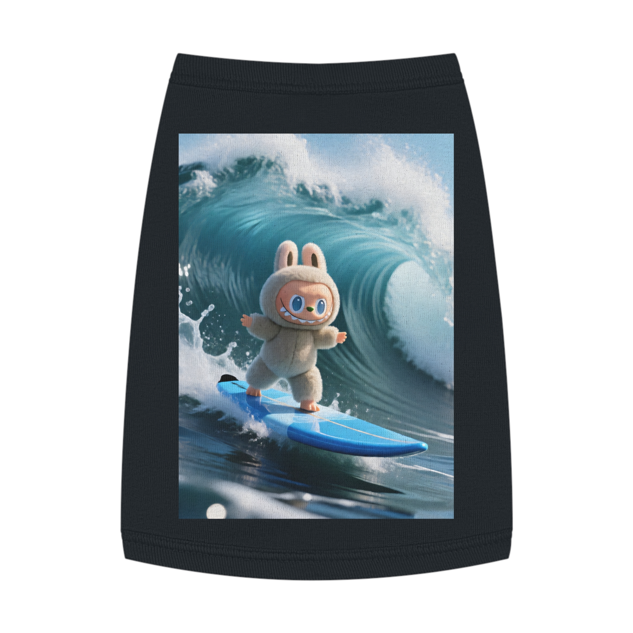 A playful dog wearing a surfing bunny tank top with a colorful surfboard design