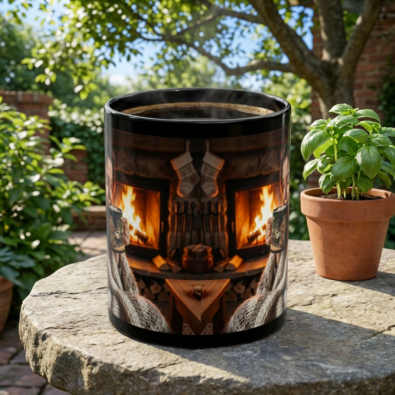 Alternative view of Christmas Bonfire Lady Hot Cocoa Black Mug — Cozy Holiday Coffee Cup (11oz)