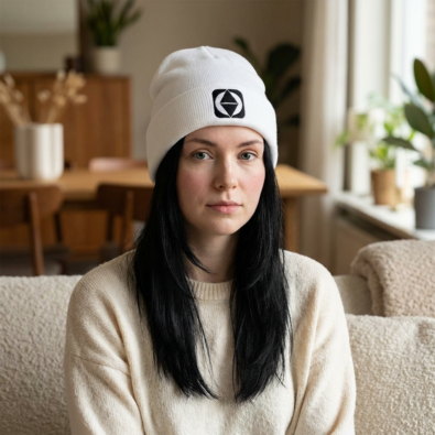 A sleek knit beanie featuring a subtle embroidered geo icon logo on the front, perfect for winter style
