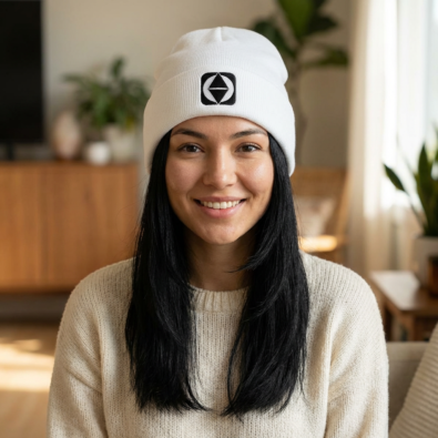 A sleek knit beanie featuring a subtle embroidered geo icon logo on the front, perfect for winter style.