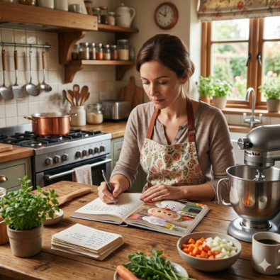 Cover of a hardcover recipe journal featuring a playful chef illustration and kitchen motifs