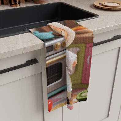 Labubu microfiber tea towel featuring a playful Ched character design in pastel colors