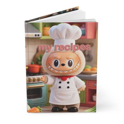 A hardcover recipe journal featuring a charming chef illustration and kitchen-themed design