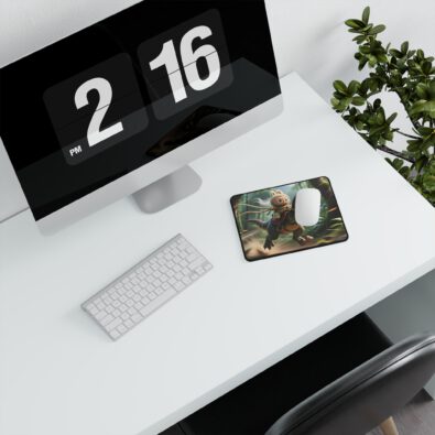 Labubu the cute character riding a dinosaur on a vibrant gaming mouse pad with non-slip backing