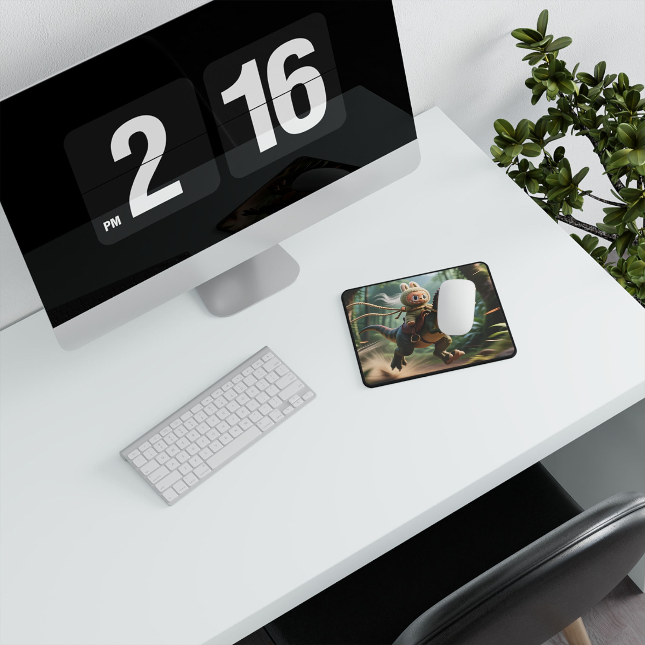 Labubu the cute character riding a dinosaur on a vibrant gaming mouse pad with non-slip backing