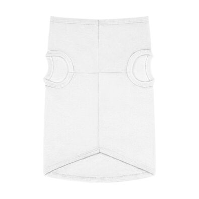 A playful dog wearing a surfing bunny tank top featuring a colorful surfboard design