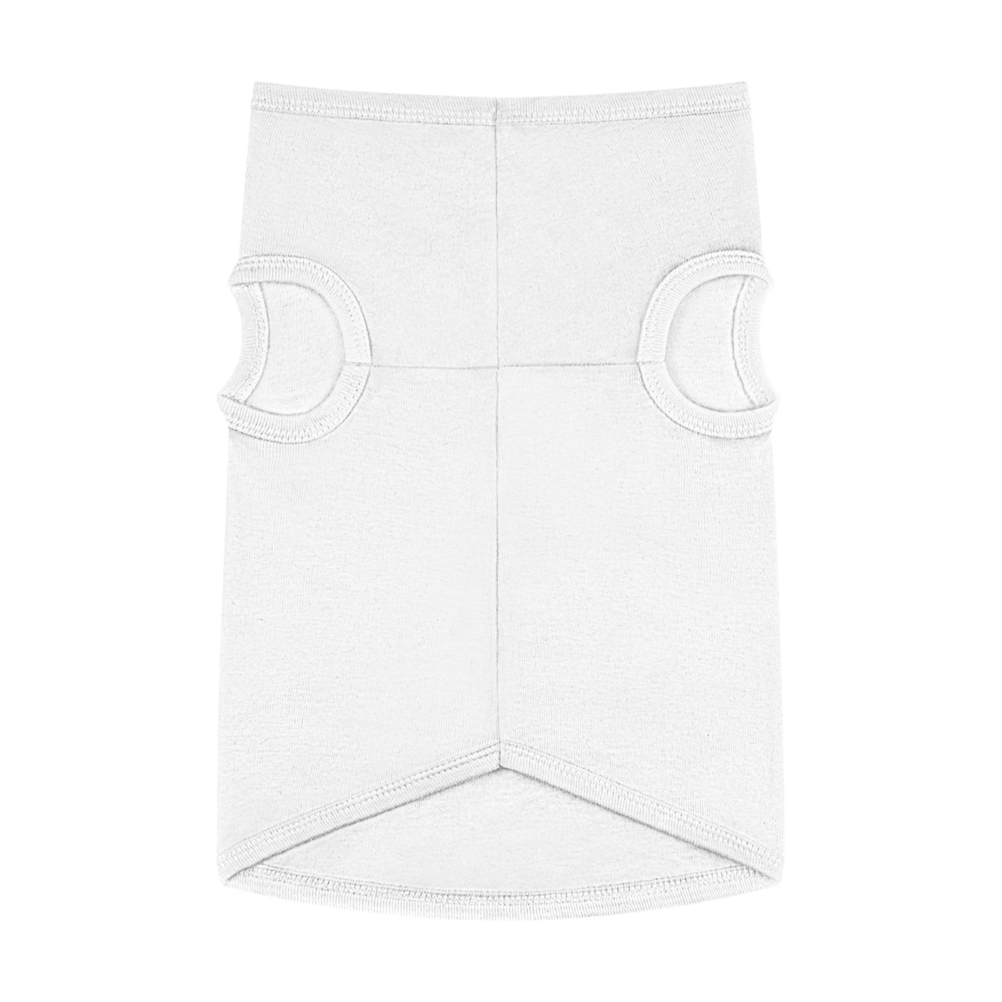 A playful dog wearing a surfing bunny tank top featuring a colorful surfboard design