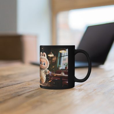 Black ceramic mug featuring a vibrant café scene illustration