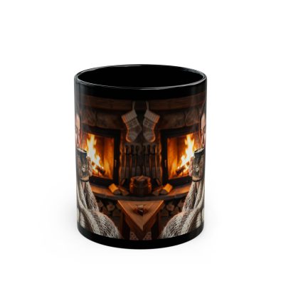 Black mug featuring a festive bonfire lady illustration holding hot cocoa