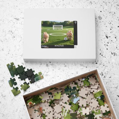 A colorful jigsaw puzzle featuring playful animal characters playing soccer on a field, designed for children