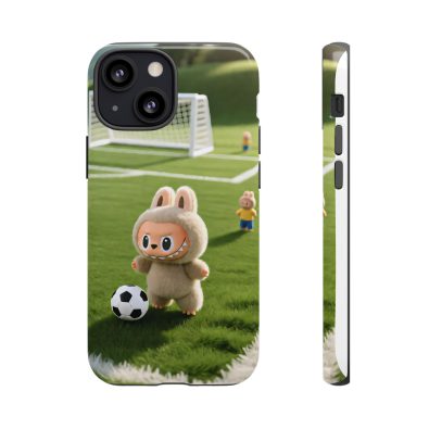 A colorful phone case featuring a playful bunny holding a soccer ball, designed for kids and sports lovers