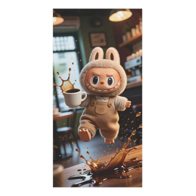 Plush Labubu character beach towel featuring a humorous spilled coffee scene
