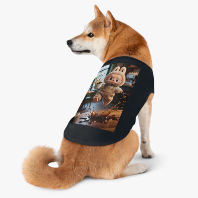 A stylish tank top featuring a playful Labubu doll and coffee cup design for pet lovers