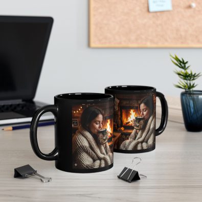 A black ceramic mug featuring a festive bonfire lady illustration, perfect for hot cocoa during the holiday season