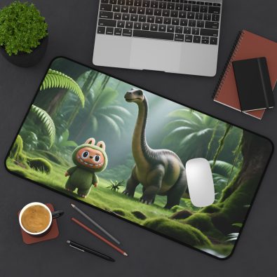 Labubu dinosaur-themed desk mat featuring a vibrant football field design and friendly dinosaur characters, perfect for kids and fans
