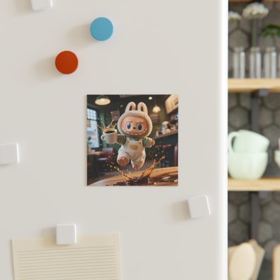 A square magnet featuring a clumsy monster holding a coffee cup, with the words 'Coffee Splash' in playful lettering, designed for fridge decoration.