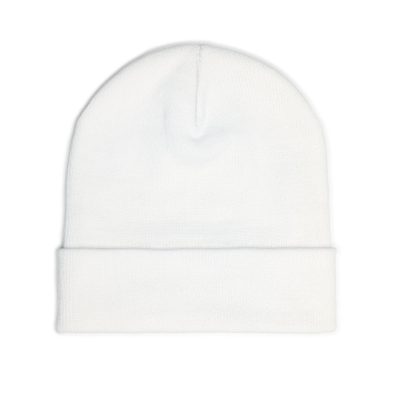 A sleek knit beanie featuring a subtle embroidered geo icon logo on the front, perfect for winter style