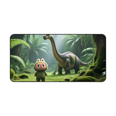 Labubu dinosaur-themed desk mat featuring a vibrant football field design with cartoon dinosaurs and bright colors