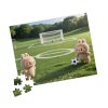 A colorful jigsaw puzzle featuring adorable animal characters playing soccer, designed for children