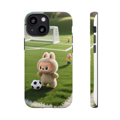 A colorful phone case featuring a playful bunny wearing a soccer jersey and holding a ball, designed for kids