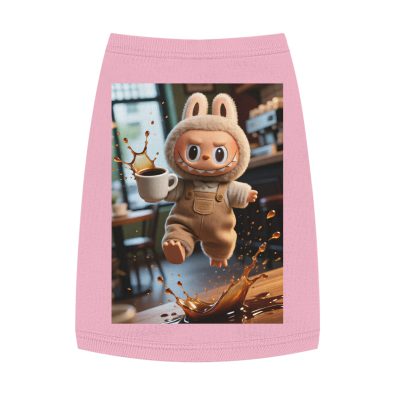 A stylish tank top featuring a playful Labubu doll and coffee cup illustration for pet lovers