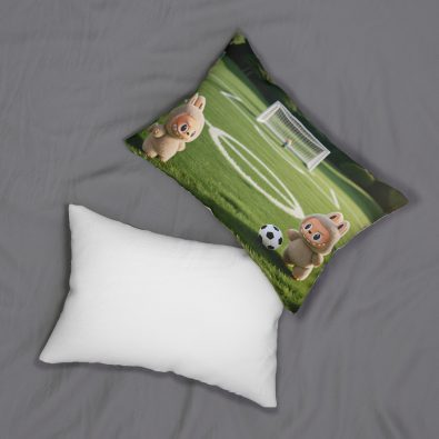 A soft, plush soccer-themed pillow featuring a smiling ball and green field design, perfect for kids' rooms