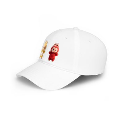 Red and yellow plush Labubu characters on a baseball cap