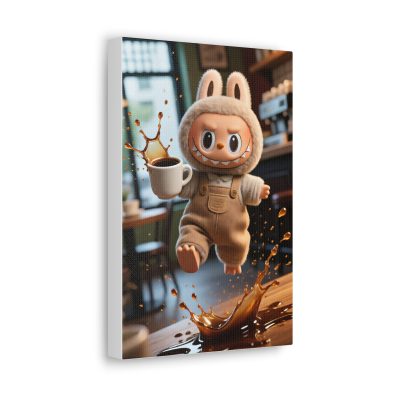 A whimsical clumsy monster spilling coffee on a canvas print