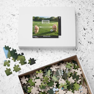 A colorful jigsaw puzzle featuring adorable animal characters playing soccer, designed for children
