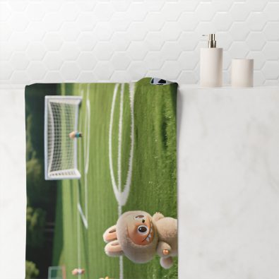 A soft beach towel featuring a playful soccer-themed design with cartoon characters on a football field backdrop