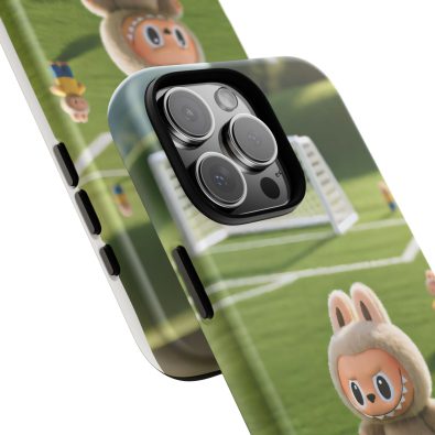 A colorful phone case featuring a playful bunny holding a soccer ball, designed for children and sports enthusiasts