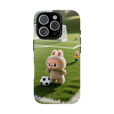 A colorful phone case featuring a playful bunny holding a soccer ball, designed for kids and sports enthusiasts