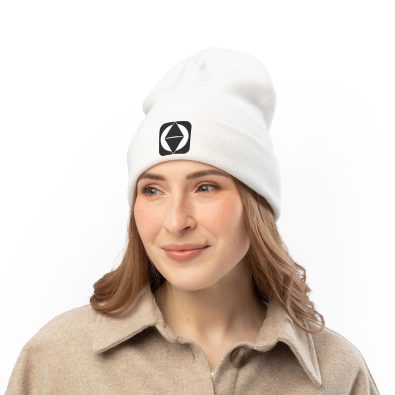 A sleek knit beanie featuring a subtle embroidered geo icon logo on the front, perfect for winter style.