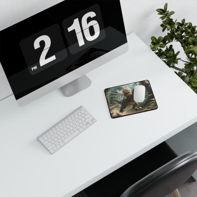 Labubu the cute dinosaur character riding a colorful dinosaur on a gaming mouse pad with a non-slip rubber base