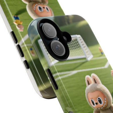 A colorful phone case featuring a playful bunny holding a soccer ball, designed for kids and sports enthusiasts