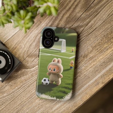 A colorful phone case featuring a playful bunny holding a soccer ball, designed for kids and sports enthusiasts