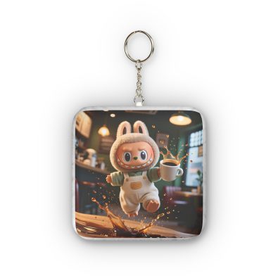 Mini plush keychain featuring a cute coffee-spilling Labubu monster in a custom shape