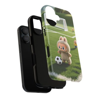 A colorful phone case featuring a playful bunny holding a soccer ball, designed for children