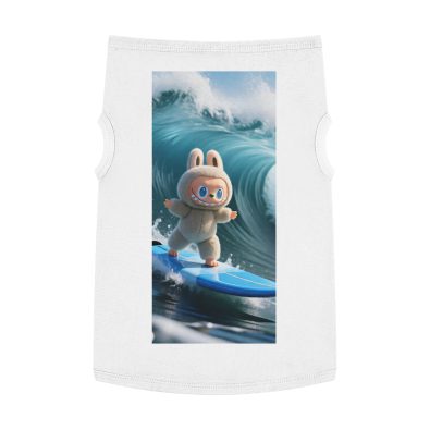A playful dog wearing a surfing bunny tank top with a colorful surfboard design