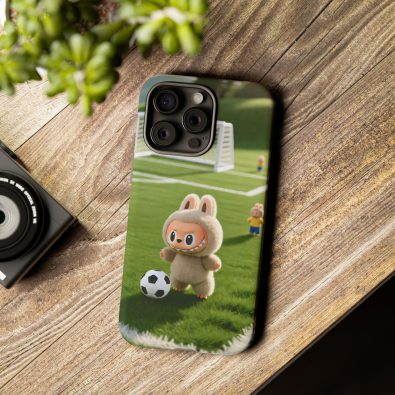A colorful phone case featuring a playful bunny holding a soccer ball, designed for children