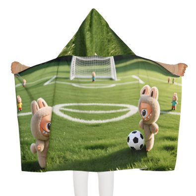 A bright pink hooded towel featuring a cute bunny soccer player design, perfect for kids at the beach or pool