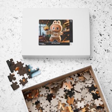 A jigsaw puzzle featuring a humorous spilled coffee scene, showcasing the Labubu brand and relatable art style