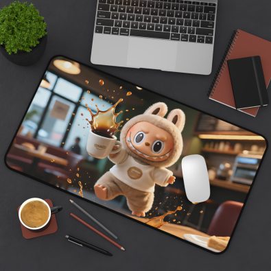 Large anti-slip mousepad featuring a humorous spilled coffee design with the word 'Labubu' and cat-themed graphics