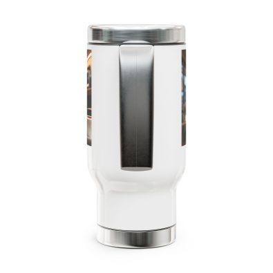 A 14-ounce insulated stainless steel travel mug featuring a humorous Labubu Coffee Shop mishap design and a sturdy handle