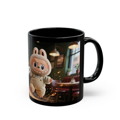 Black ceramic mug featuring a vibrant Labubu café scene illustration