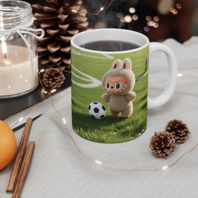 A plush bunny-shaped coffee mug featuring a soccer field design, perfect for football fans and tea lovers