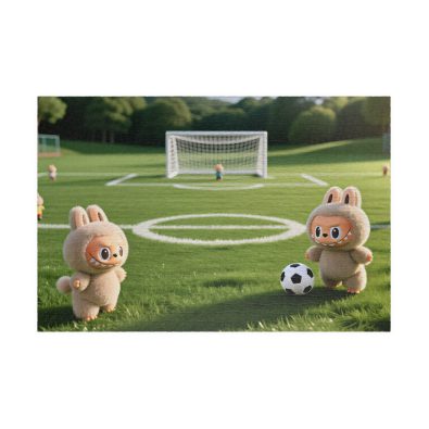 A colorful jigsaw puzzle featuring animal characters playing soccer, designed for children