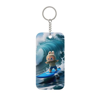 A playful surfing bunny keychain charm featuring a bright blue surfboard on one side and a cheerful rabbit silhouette on the other, perfect for beach lovers