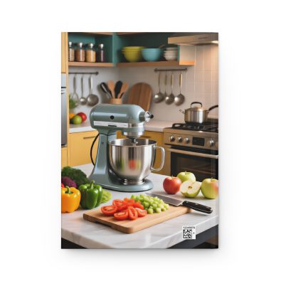 A hardcover notebook titled 'My Recipes' featuring a chef’s kitchen illustration and a cute design.
